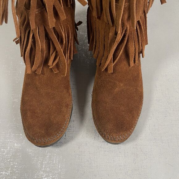 Minnetonka 3-Layer Fringe Suede Leather Moccasin Boots Size 8 Brown Boho Comfy - Picture 3 of 12
